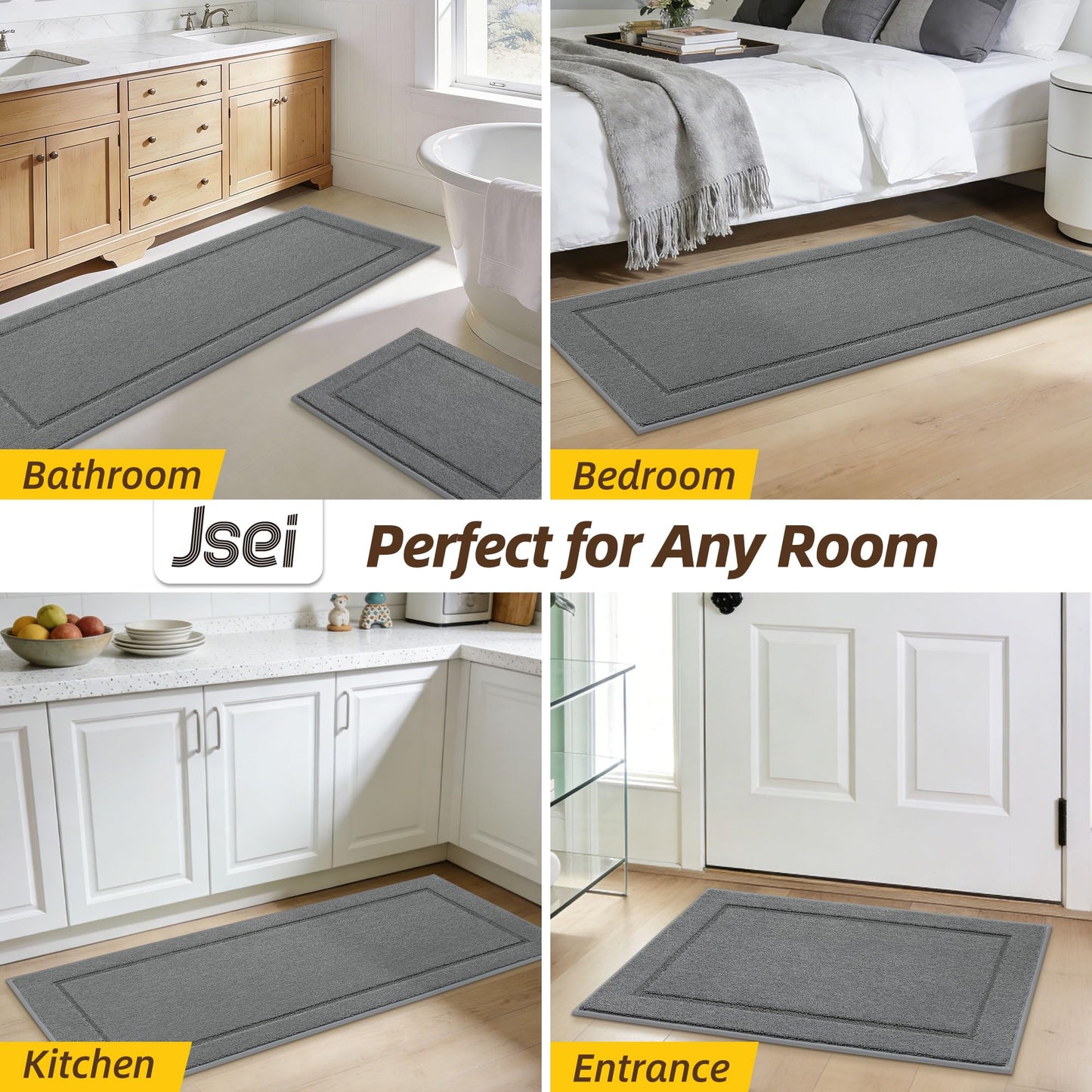 JSEI Non-Slip Bathroom Rugs, Self Adhesive No Sliding Bath Rugs Set of 2, Machine Washable Absorbent Bath Mat Set for Tub Shower & Single Sink 20”x32”+20”x48”, Beige, Diamond Pattern