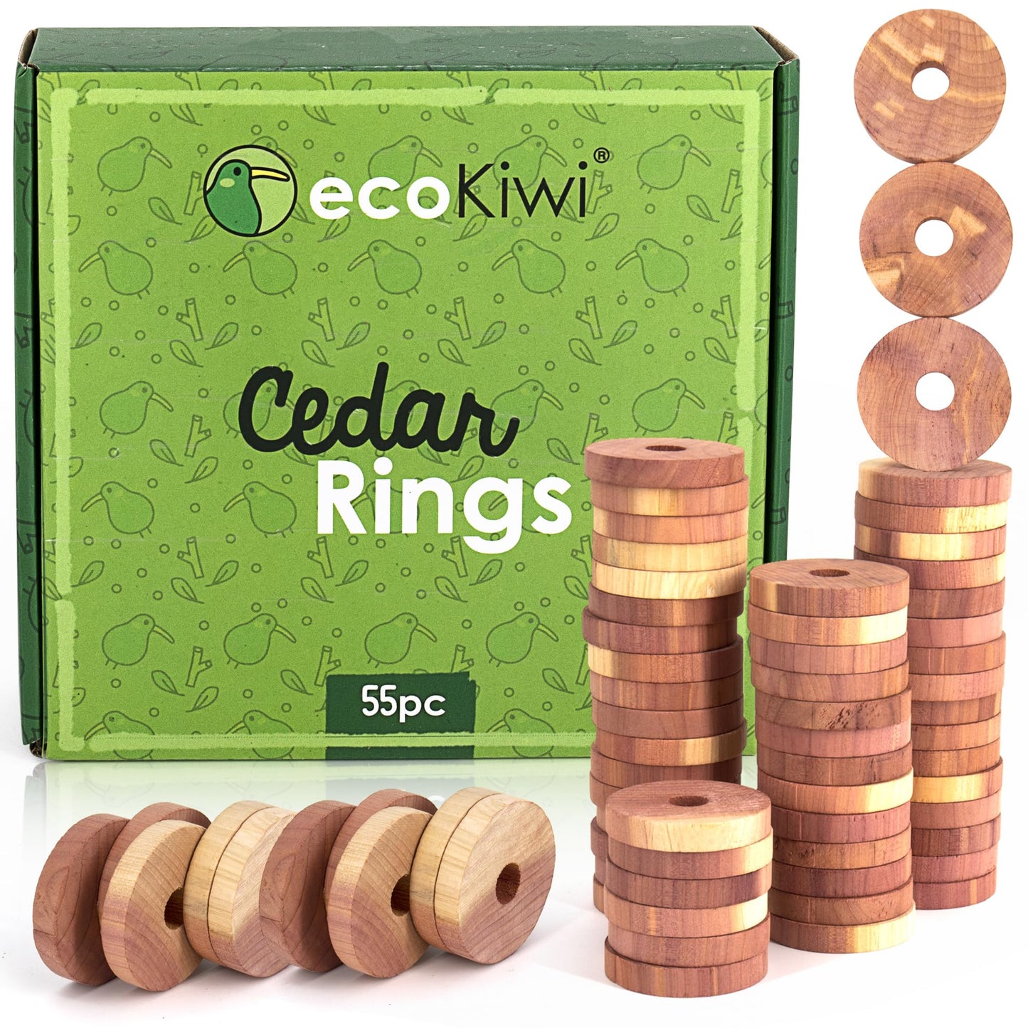 ecoKiwi Cedar Blocks for Clothes Storage - 55 Pack Cedar Rings - 100% Natural Aromatic Cedar for Closets & Drawers - Red Cedarwood Oil Scented Chips with Sandpaper - Cedar Planks Freshener Deodorizer