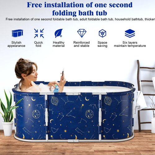 hatleues Foldable Bathtub for Adults - Portable Soaking Tub for Hot Baths & Ice Baths, Large Freestanding Bathtub, Spa & Cold Plunge Tub for Relaxation, Travel, Camping,47''x23.6''x19.7'' Blue