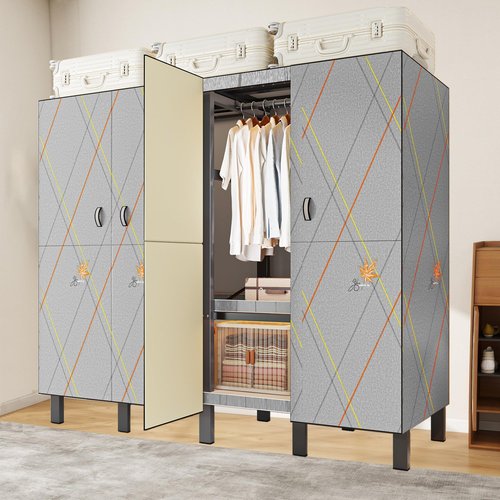 Heavy Duty Portable Wardrobe Closets with Cover, Foldable Clothes Rack for Hanging Clothes with 2 Hanging Rods and 6 Storage Shelves, Free Standing Closet Metal Clothing Rack (door, 70.9 in/180cm)