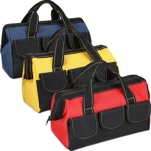 Sanwuta 3 Pack Tool Bag for Men with Waterproof Hard Bottom, Heavy Duty Tool Bag Wide Mouth Tote for Various Instrument, Electrician Carpenter Mechanic(13 Inch,Blue, Red, Yellow)