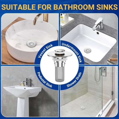 2PCS Bathroom Sink Stopper Strainer, Pop-Up Bathroom Sink Drain Strainer with Removable Stainless Steel Hair Catcher Basket, Universal Fit for US Bathroom Sinks, Bathtubs, Showers & Floor Drains