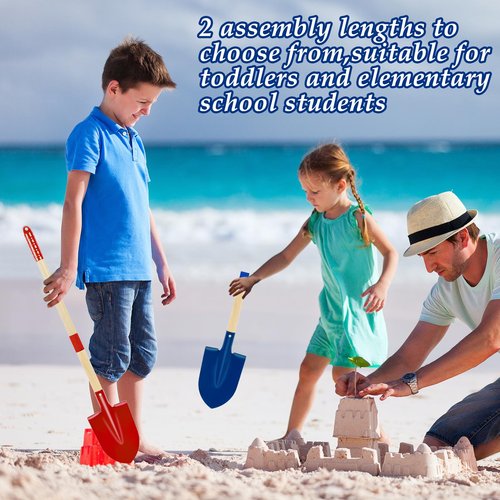 2PCS Metal Kids Beach Shovels, 28" Long Toddler Spade Sand Shovel Detachable Children Garden Shovel with Wood Handle and Plastic Grip Beach Play Tool for Child Adult Digging Sand
