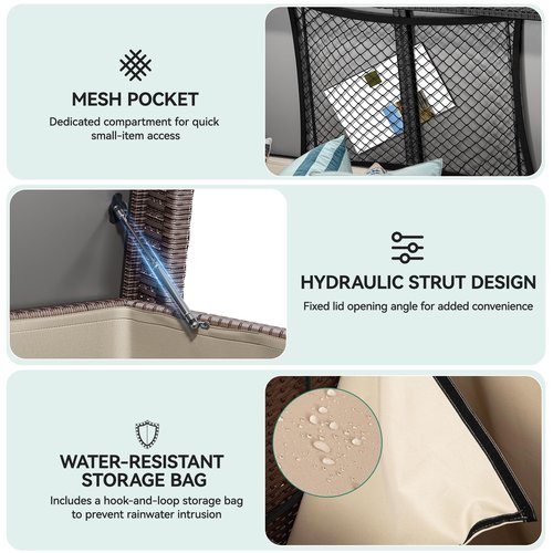 YITAHOME 200 Gallon Outdoor Storage Box w/Storage Net, Rattan XL Outdoor Deck Box, Patio Cushion Storage, Outside Storage Box for Patio Furniture, Garden Tools, Pool Sports Equipment (Brown)