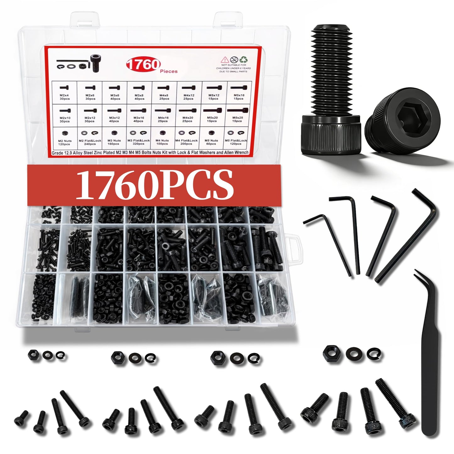 Metric Screw Assortment Kit, M2 M3 M4 M5 Bolt Assortment with Bolts and Nuts, Hex Socket Cap Head M Screws for 3D Printer Black Zinc Plated Grade 12.9 Alloy Steel