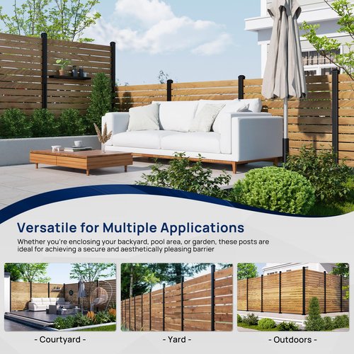 2 Pack 6FT 3-Way Aluminum Fence Post, 1.8mm Thick Walls & 10mm Base, Matte Black Wood Fence Post, Rustproof & Weather-Resistant for Outdoor Privacy Panels