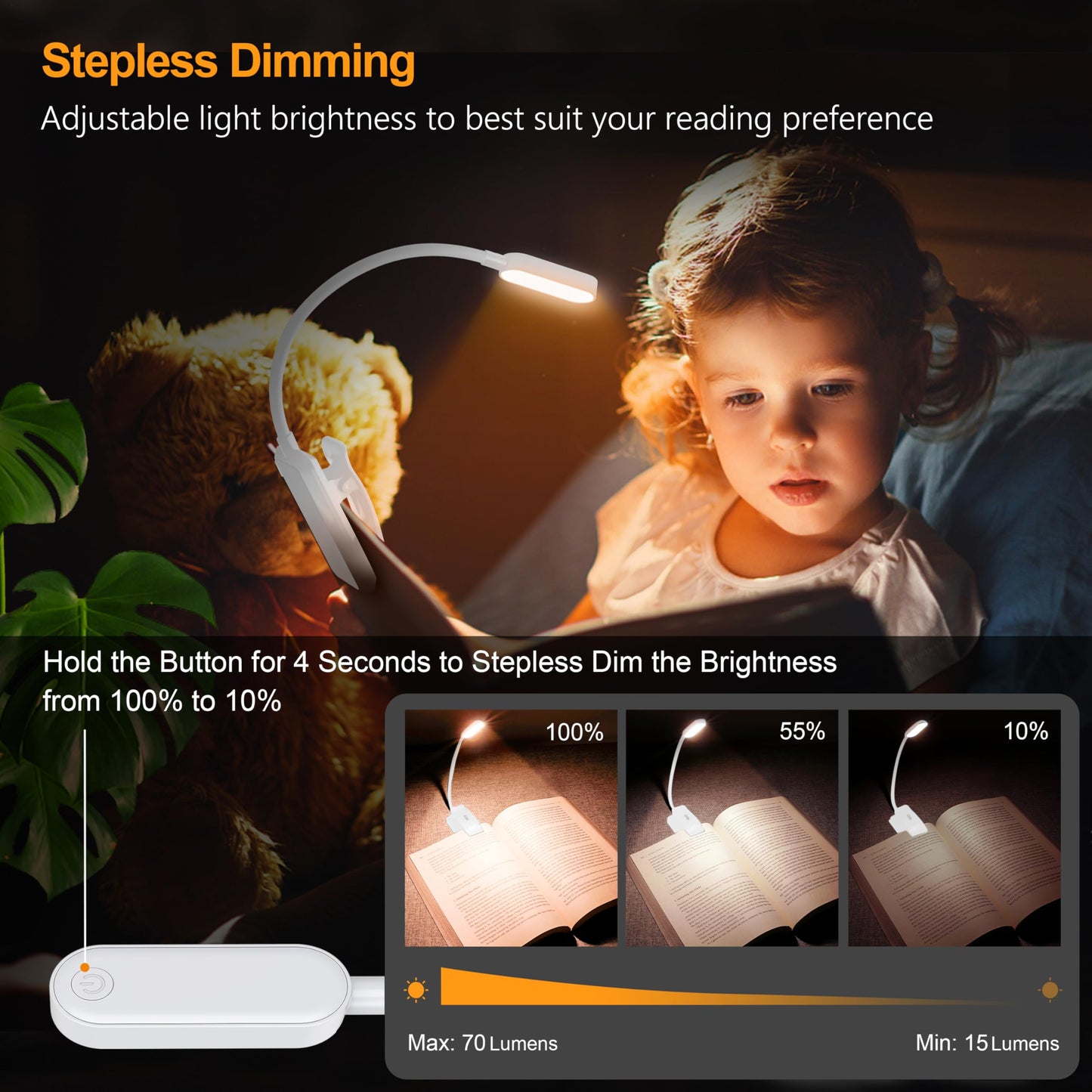 Gritin 16 LED Rechargeable Book Light for Reading in Bed- Eye Caring 3 Color Temperatures, Stepless Dimming Brightness, 80 Hrs Runtime, Lightweight Flexible Clip on Light for Book Lovers-White