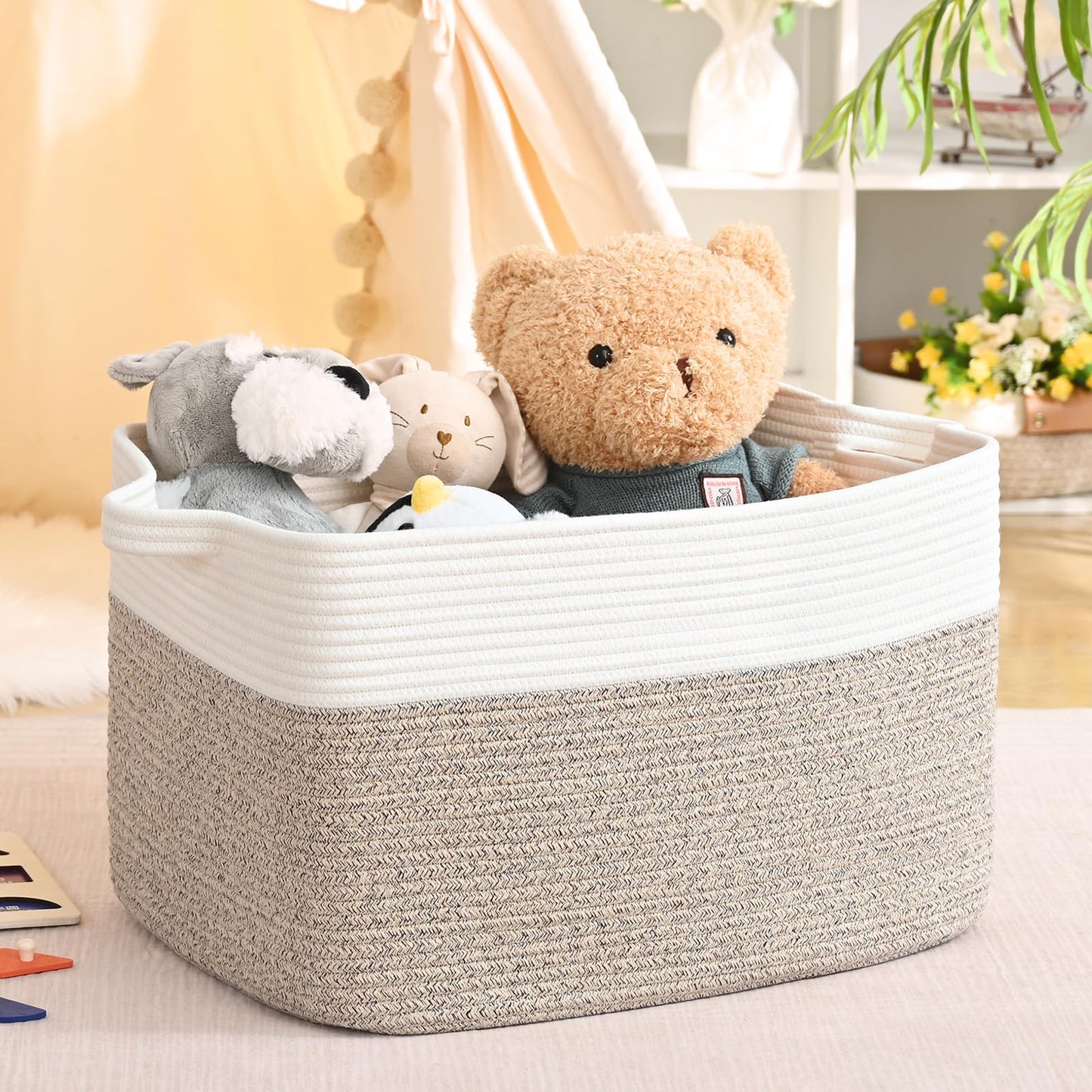 Degeyoyo Large Blanket Basket, 60L Storage Baskets for Organizing, Woven Laundry Basket for Blankets, Cotton rope Blanket Storage for Living Room, Nursery Room, 19.7" L x 15.74" W x 11.8" H, Brown