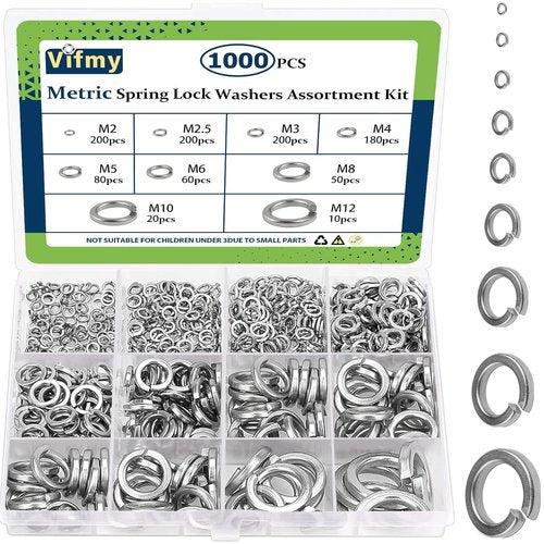 Vifmy Spring Lock Washers Assortment Kit(1000 Pack), M2 M2.5 M3 M4 M5 M6 M8 M10 M12 Metric Split Lock Washer Set,304 Stainless Steel Lock Washers for Screws Bolts