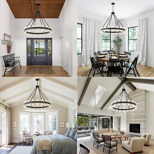 Kirahee Black Wagon Wheel Chandelier, 36" Crystal Chandelier for Dining Room Over Table, 36-Lights Hanging Pendant Light Fixtures for Living Room, Bedroom, Entryways, Includes Bulbs