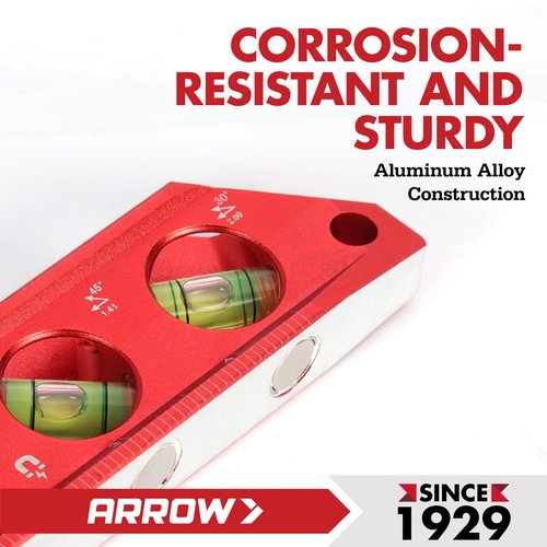 ARROW 6.3-Inch Torpedo Level, Magnetic Leveler with 0°/30°/45°/90° Bubbles, Top-view Windows, Aluminium Alloy Frame, Dual Metric and SAE Scales