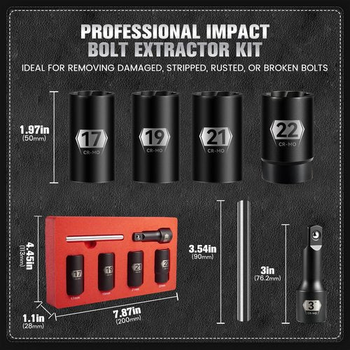 6-Piece 1/2" Drive Impact Bolt Extractor Set, Easy Out Stripped Lug Nut Removal Tool for Broken, Rusted, Rounded, Damaged Nuts & Screws, Twist Designed, with foam box, Extension Bar, Knockout Pin