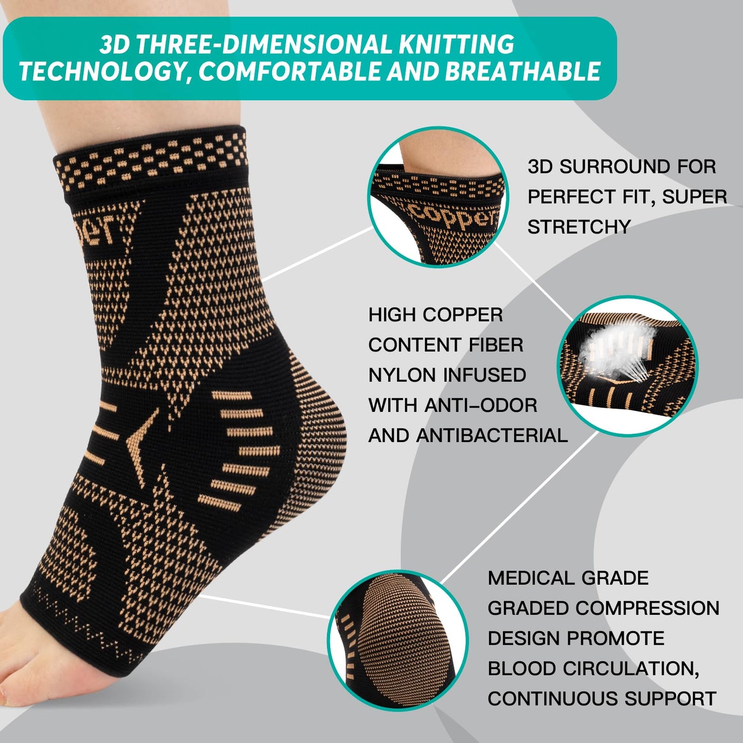 INDEEMAX Ankle Brace for Sprained Ankle Compression Sleeve, 2 Pack Copper Infused Ankle Support Brace for Women & Men, Plantar Fasciitis Relief Achilles Tendonitis, Sports Running, Copper Black, XL