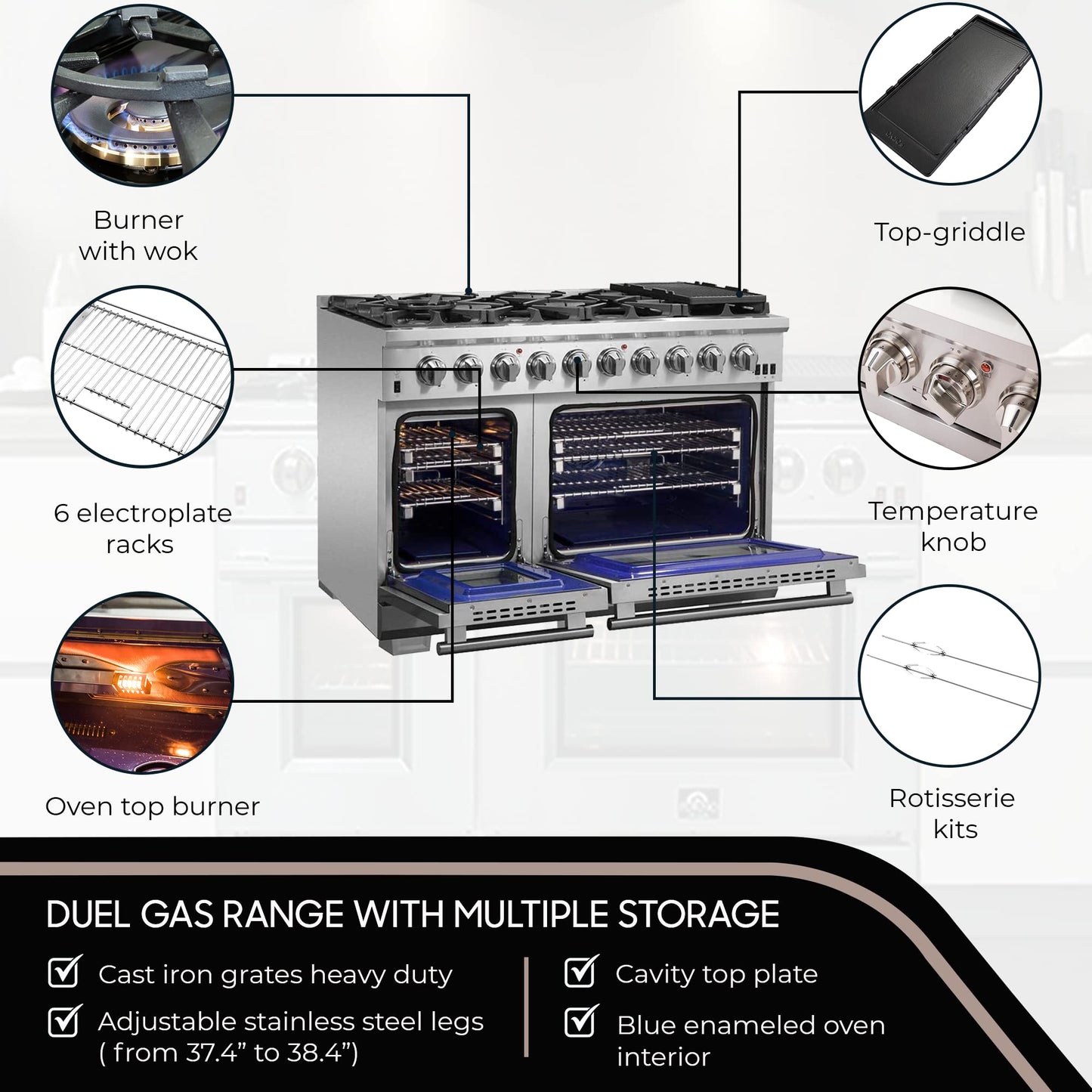 FORNO Capriasca Full Gas 48" Inch. Freestanding Range with 8 Sealed Burners Cooktop - 6.58 Cu.Ft. Double Gas Convection Oven Capacity, Stainless Steel Heavy Duty Cast Iron Grates.