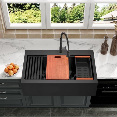 MONSINTA Black Farmhouse Kitchen Sink, 33 Inch Farm Sink, 33" x 22" x 10" Large and Deep Double Bowl Workstation Kitchen Sinks, 16 Gauge Stainless Steel Farm house Apron Front Sinks With Accessories