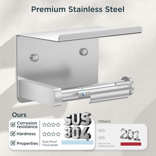 FORIOUS Toilet Paper Holder with Shelf, Adhesive or Screw Wall Mount Toilet Roll Holder for Bathroom, Rustproof 304 Stainless Steel Commercial Toilet Tissue Holder with Phone Shelf, Brushed Nickel