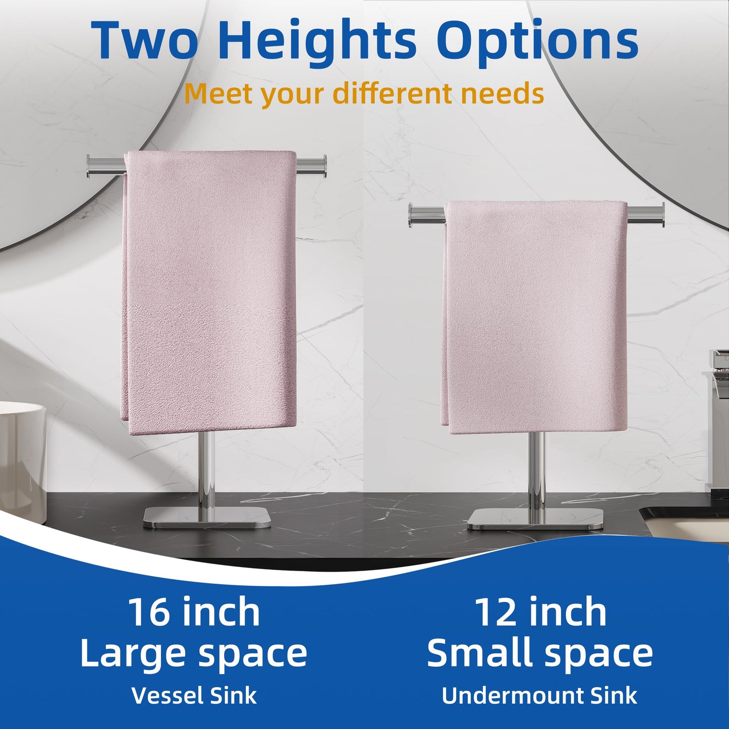 RUACQ Hand Towel Stand, 16" T-Shape Hand Towel Holder Stand for Bathroom, Kitchen and Countertop Towel Holder 304 Stainless Steel Hand Towel Rack with Weighted Base (Chrome)