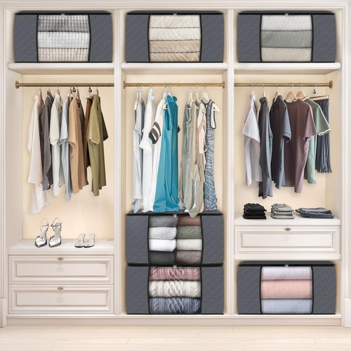 Fab totes 6 Pack Clothes Storage, Foldable Thick Fabric Blanket Storage Bags, Containers for Organizing Bedroom, Closet, Clothing, Comforter,Closet Organization with Handle,Grey