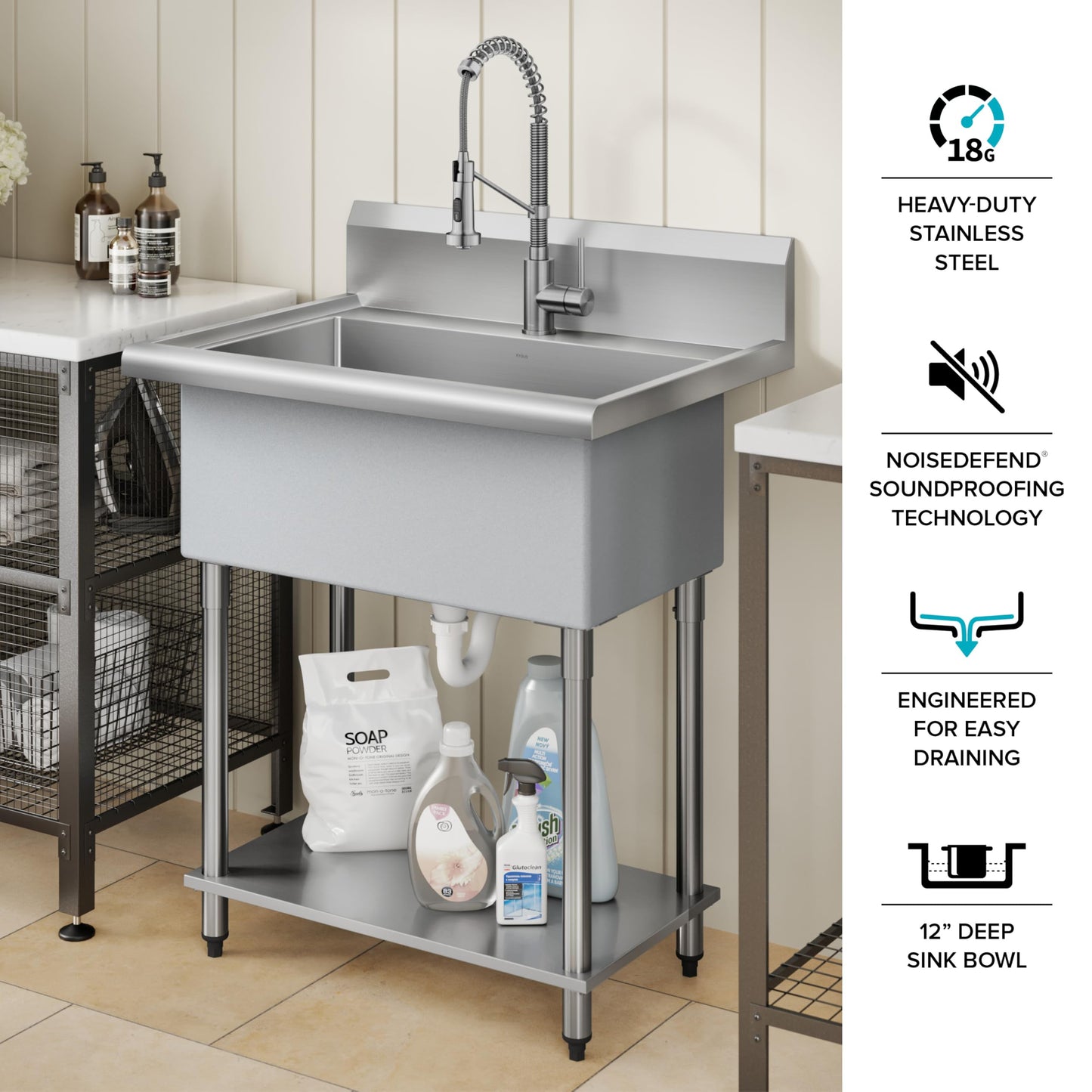 KRAUS Standart Pro 32 Inch 18-Gauge Stainless Steel Scullery Sink, 24 Gallon Freestanding Commercial Style Single Bowl Laundry & Utility Sink, KHS230-32