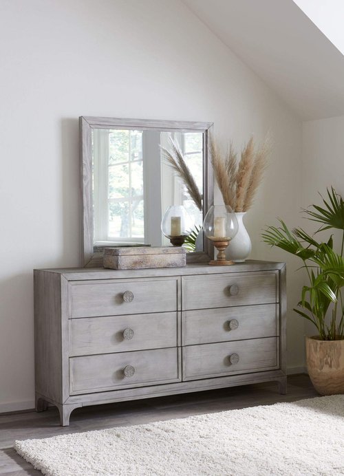Modus Furniture Solid Wood Mirror, Boho Chic - Washed White, 40" H x 39" W x 2" D