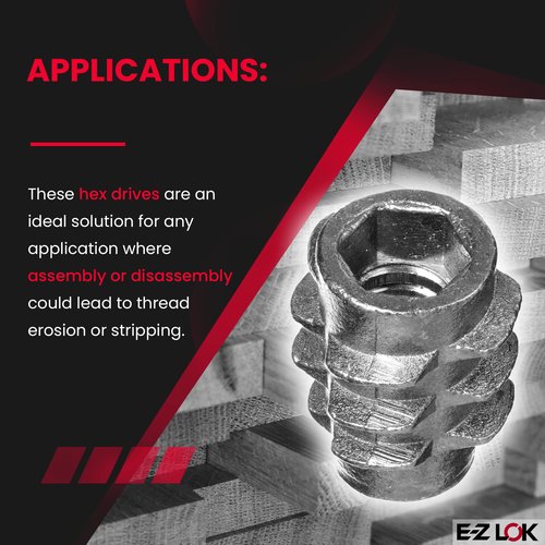 E-Z LOK Knife Threaded Insert for Soft Wood, Zinc Hex-Flush Thread Inserts 10-24 Internal Threads, 0.512" Length Pack of 50