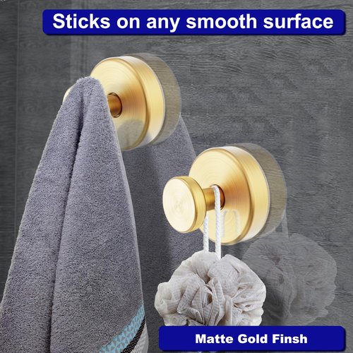 Suction Cup Hooks for Shower, Removable Towel Hooks for Bathroom Window Glass Door Wall, Bath Robe Looafh Hook for Hanging - 2 Pack, Gold