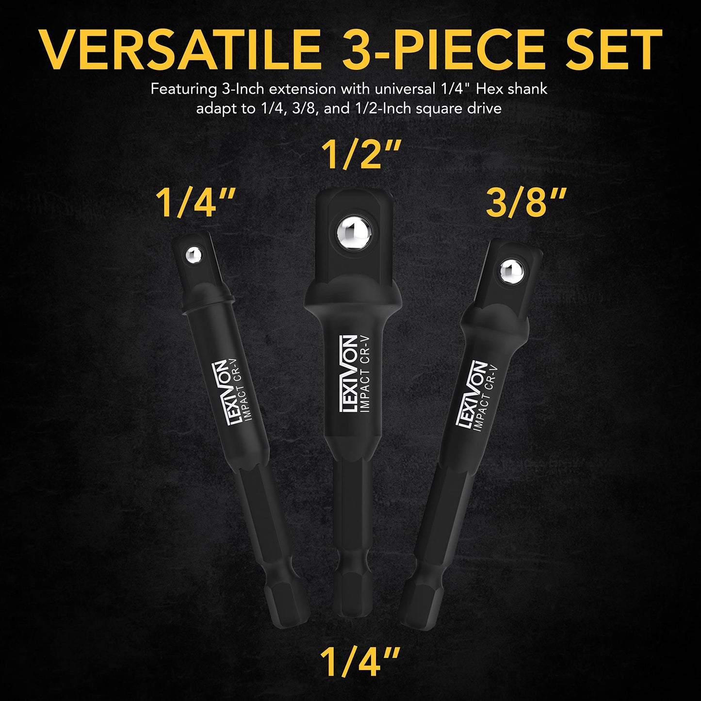 LEXIVON Impact Grade Socket Adapter Set, 3" Extension Bit With Holder | 3-Piece 1/4", 3/8", and 1/2" Drive, Adapt Your Power Drill To High Torque Impact Wrench (LX-101)