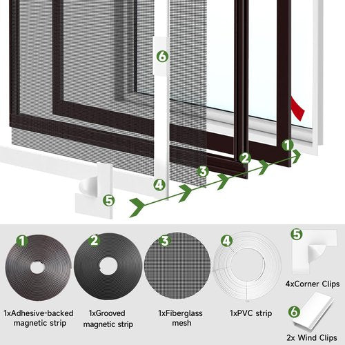 HOFUDON Window Screen Adjustable Magnetic Window Screen Replacement Max 39” x 59”, DIY Fiberglass Mesh Window Screens for House Windows White Frame Grey Mesh