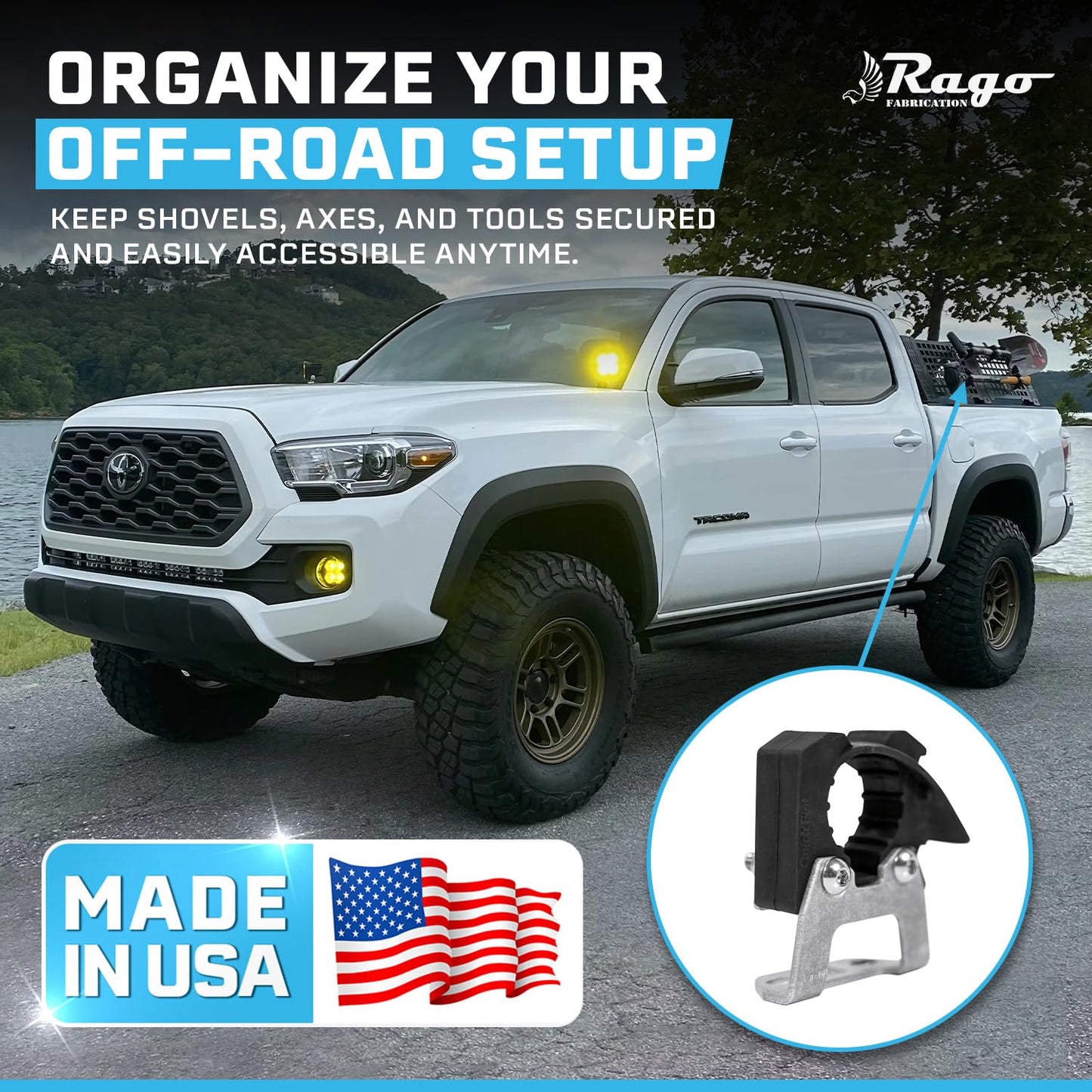 Rago Fabrication Molle Panel Mounts with Quick Fist Clamps for Shovels and Axes - CNC Cut Aluminum Mounting Brackets for Truck Beds - Made in USA