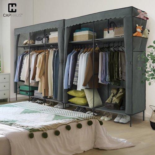 CAPHAUS 55-Inch Clothing Rack with Cover, Portable Closet Wardrobe, Covered Garment Rack for Hanging Clothes, 190LB Capacity Heavy-Duty Metal Frame Clothes Organizer Rack with Storage Shelves
