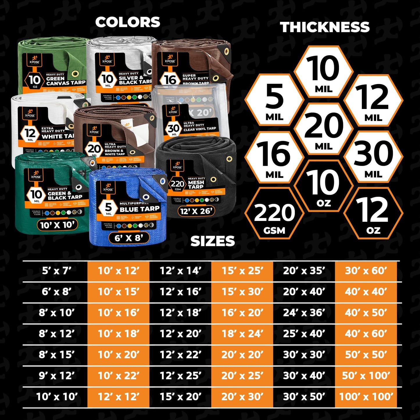 Heavy Duty Poly Tarp - 6' x 8' - 10 Mil Thick Waterproof, UV Blocking Protective Cover - Reversible Silver and Black - Laminated Coating - Grommets - by Xpose Safety