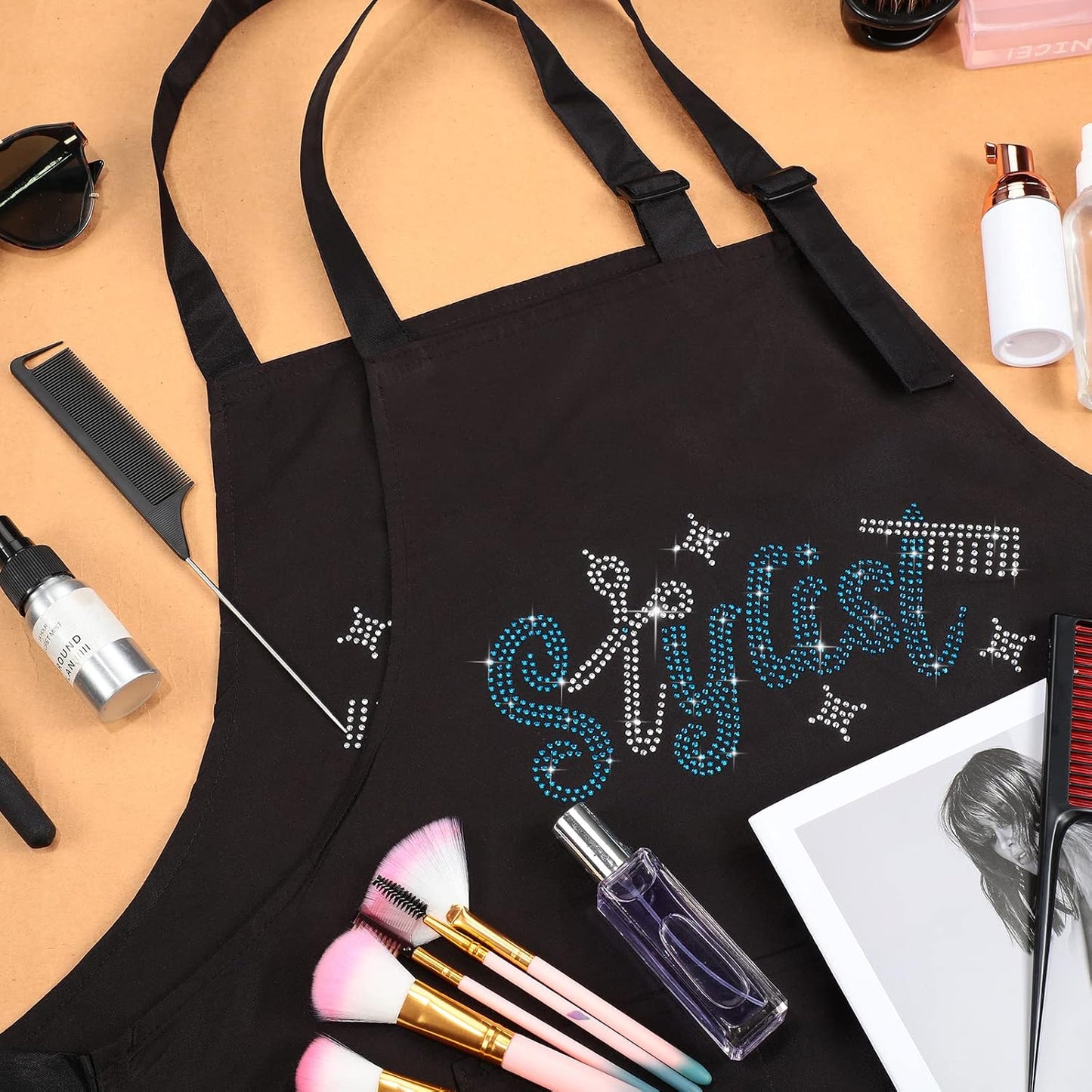 Coume 2 Pcs Hair Stylist Apron Hairstylist Salon Apron with Rhinestone Tools 3 Pockets Waterproof Hairdresser Barber