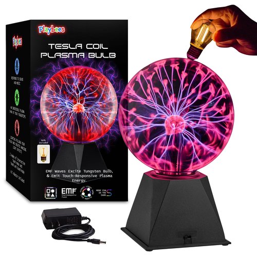 Red Plasma Ball - 7 Inch - Tesla Coil Bulb Static Electricity in a Vacuum Pressurized Glass Globe, Nebula Thunder Lightning, Plug-in - for Parties, Decorations, Prop, STEM