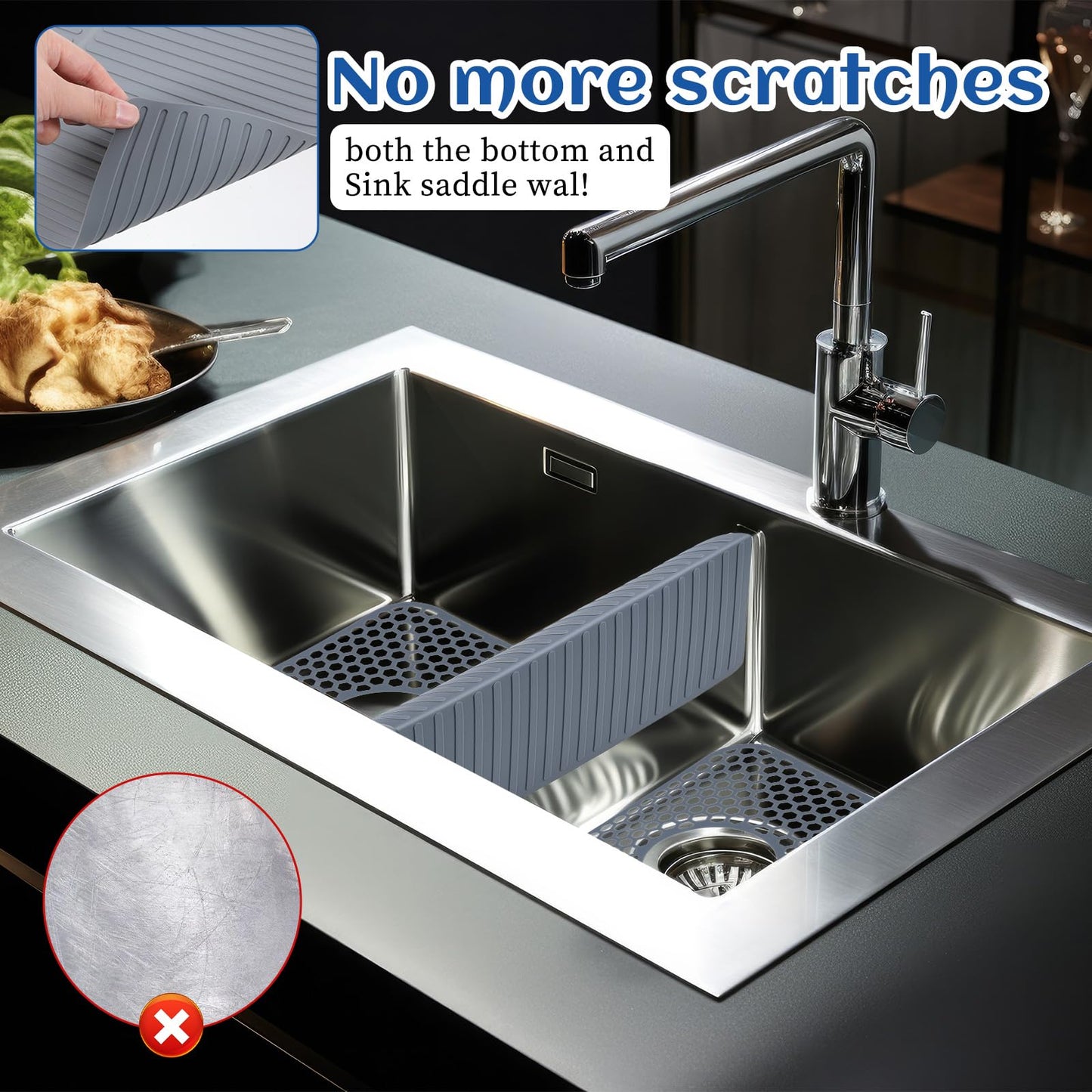 3pcs Grey Kitchen Sink Mats and Sink Saddle Set,13.38 X 11.4inch Non-Slip Heat Resistant Silicone Sink Mat Sink Bottom Grid Sink Divider Center Drain
