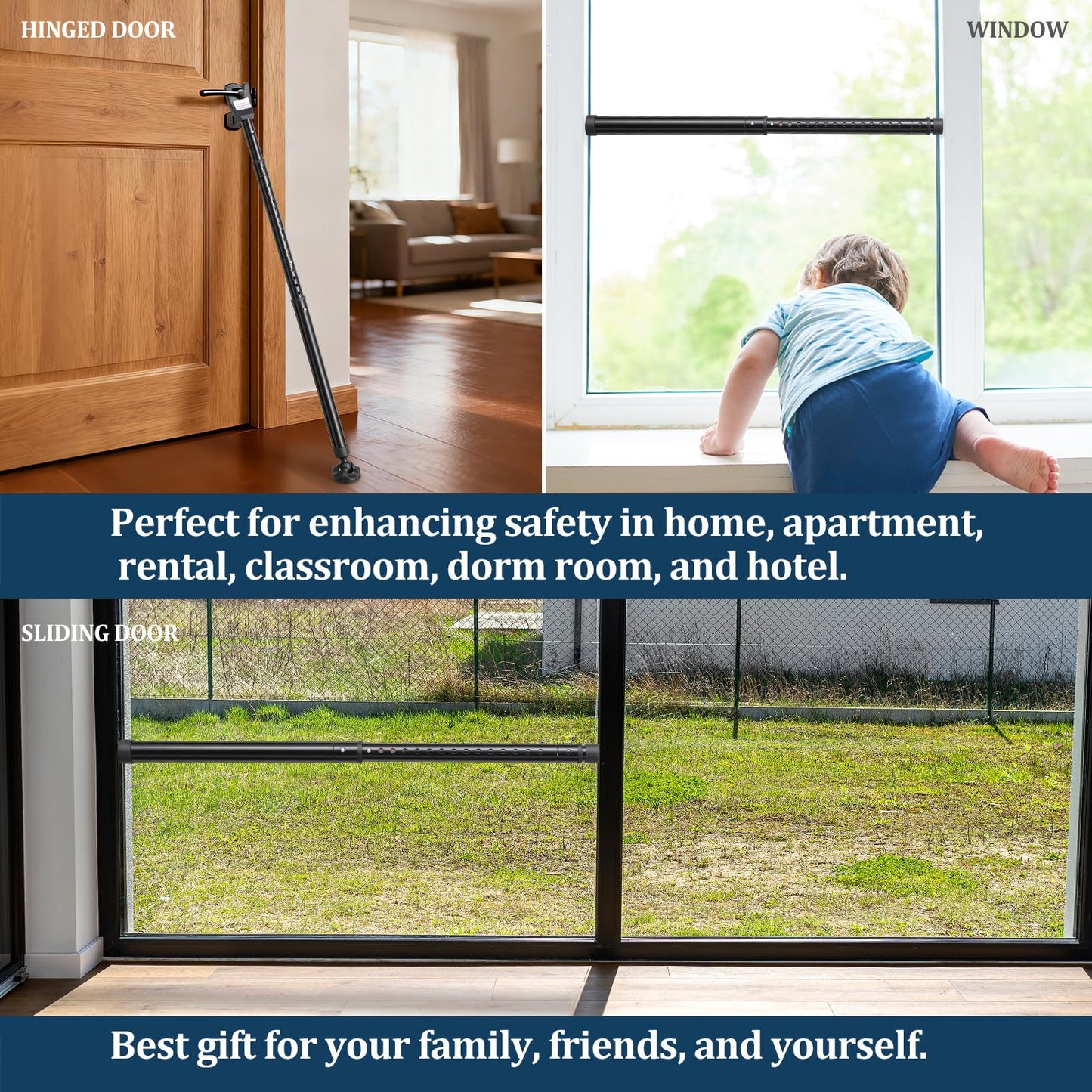 3-in-1 Door Security Bar, Heavy-Duty Metal Rod Sliding Patio Door Security Bar with 2.8" Non-Slip Base, 16"-41.7" Adjustable Door Barricade Security Bars for Doors & Windows,Home,Renters,Apartments