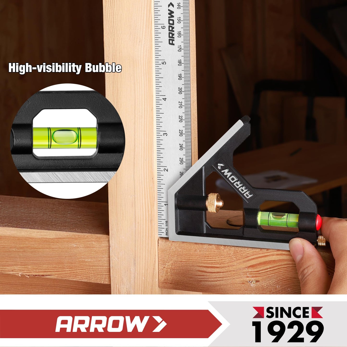 Arrow Combination Square, 12-Inch Combo Square with Stainless Steel Ruler, Zinc Alloy Body and Bubble Level for Carpenters and Craftsmen