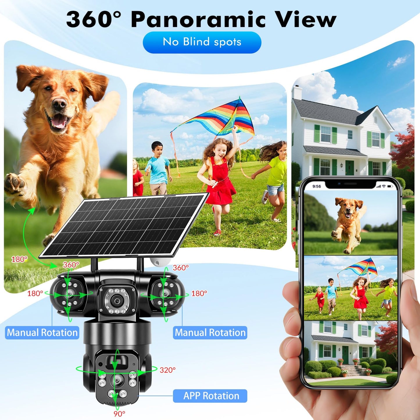 KEPEAK Solar Security Camera Outdoor Wireless, Triple-Lens WiFi Camera 2.4G, Battery Powered Outdoor Camera Wireless, Color Night Vision, PIR Human Detection, 2-Way Talk for Home Yard Garage
