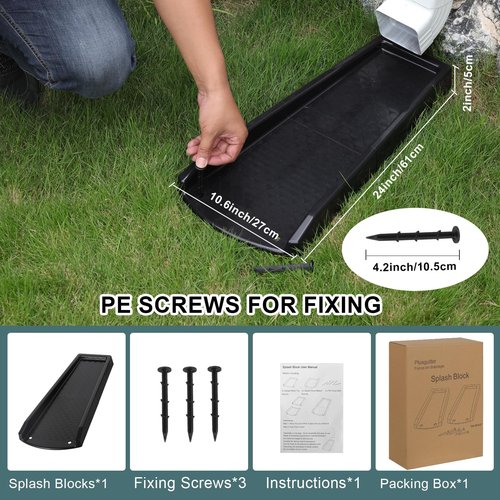 plusgutter Rain Gutter Downspout Splash Block, Gutter Downspout Extensions for Water Drainage, 24" Gutter Splash Guards Downspout Extender, Fixable Down spout Drain Trays with PE Nails(1 Pack, Black)