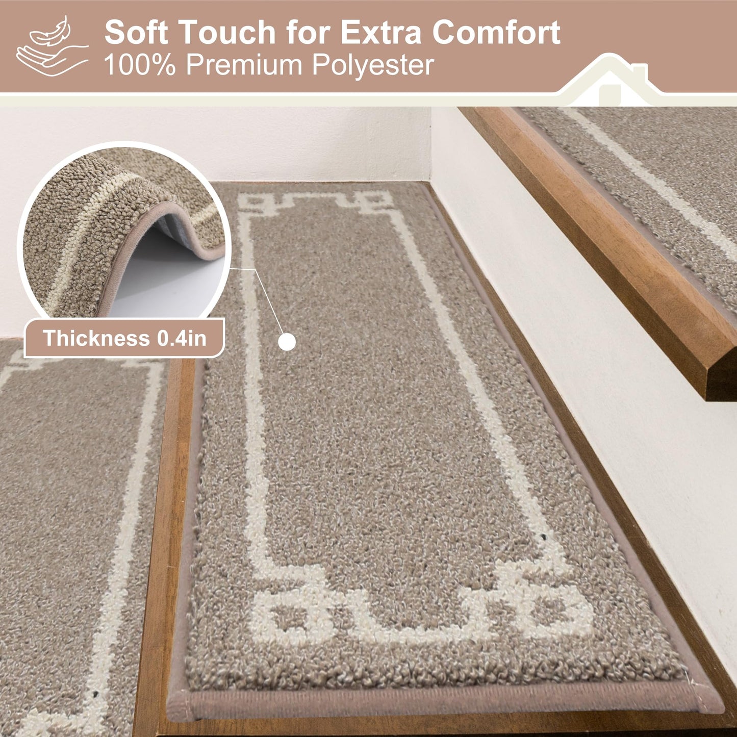 BEQHAUSE Stair Treads for Wooden Steps Non Slip Washable Carpet Stair Treads with Reusable Residue Free Backing Soft Polyester Stair Rugs Indoor for Kids Elders and Dogs, 15pcs,Taupe