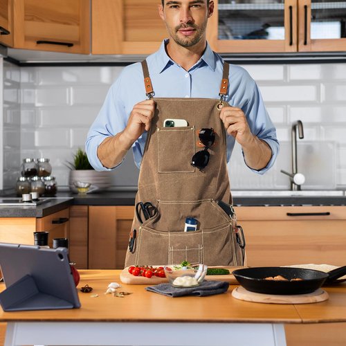 FOTVEFLEIR Chef Apron for Men Women with 7 Tool Pockets, Cotton Canvas Cross Back Water-resistant Work Apron, Size M to XXL (Brown)