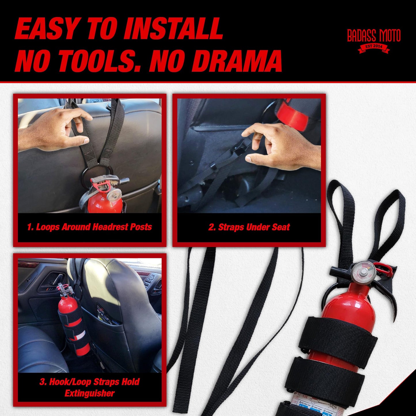 Badass Moto Car Fire Extinguisher Mount - Automotive Fire Extinguisher Mount for Vehicle Car Seat Headrest - Tool Free Seat Back Strap Install. Ideal Safety Kit Accessories for Jeep, Auto,Truck & SUV