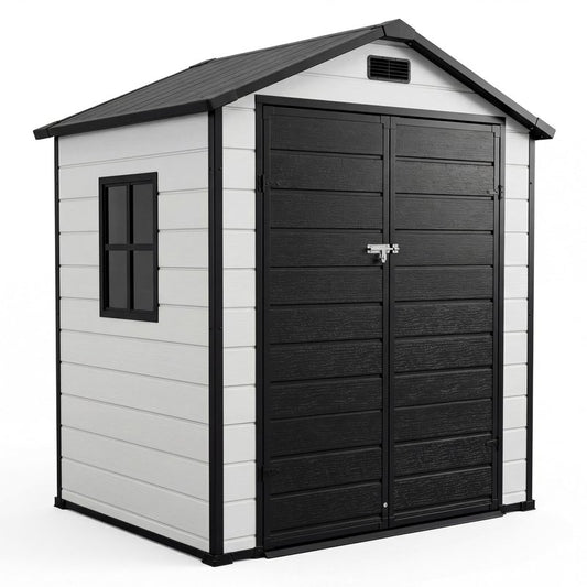 Garvee 6x4 FT Outdoor Storage Shed with Floor, Plastic Resin Garden Shed with Window & Sloping Roof & Lockable Door for Patio Backyard Garden, Lawn Mower, Bike, Tool Storage