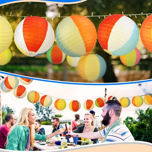 Panelee 12 Pcs 8 Inch Beach Ball Paper Lanterns Pool Party Decorations Summer Luau Themed Round Hanging Decorations for Office Classroom Home Outdoor Indoor Party Supplies
