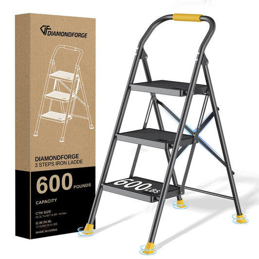 DIAMONDFORGE 3 Step Ladder Foldable Folding Stool - for Home Adults Kitchen, Iron, Black, Extension Tall Heavy Duty with Handrails - Closet Stepstool Extendable Stepladder for Indoor House 600 lbs