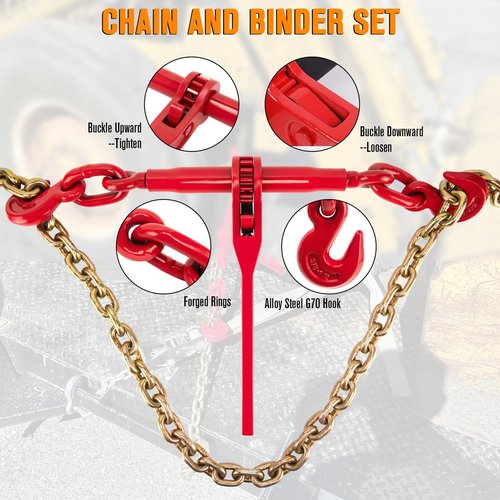 Chain Binders, Transport Chain, Tie Down Chain and Binder 3/8''-1/2'', 10Ft Chains with G70 Hooks, Ratchet Load Binders 9215Lbs Working Strength, Towing Chain for Flatbed Trailer Truck