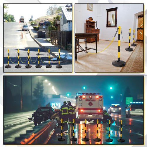Konohan 12 Sets 34 Inch Parking Cone Delineators Post Traffic Cone Plastic Stanchion Set Stands Parking Barrier with Base 6.6 ft Chain S Hooks Reflective Collar for Crowd Control Construction, Yellow