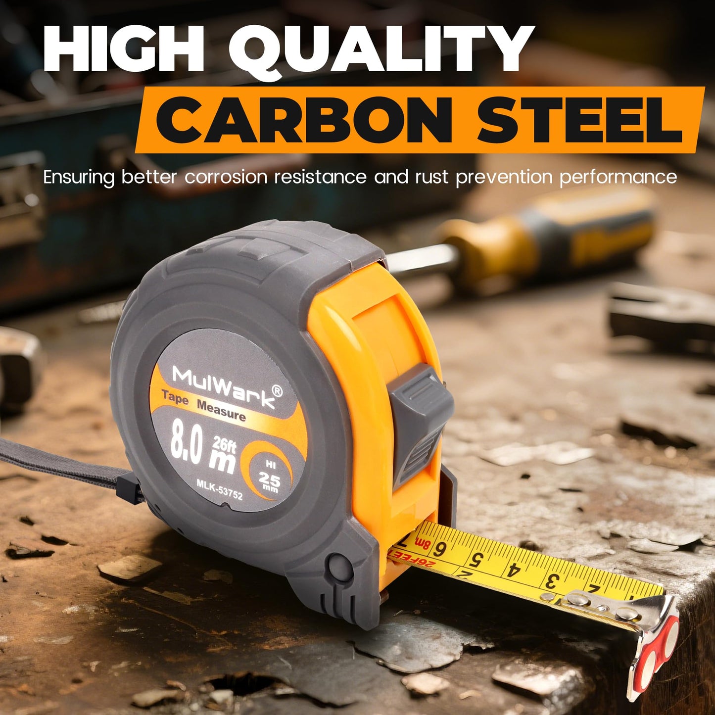 MulWark 26ft Measuring Tape Measure by Imperial Inch Metric Scale with Both-Side Metal Blade,Magnetic Tip Hook and Shock Absorbent Case-for Construction,Contractor,Carpenter,Architect,Woodworking