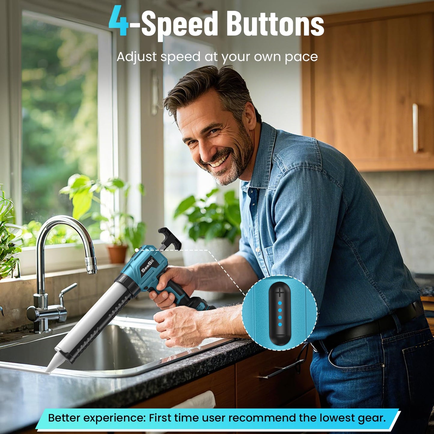 Seesii Cordless Caulking Gun, 2 x 2000mAh Batteries Battery Powered Caulk Gun 21V, 4 Speeds, 10oz/300ml Electric Caulking Gun, Adhesive Gun Kit for Filling, Sealing