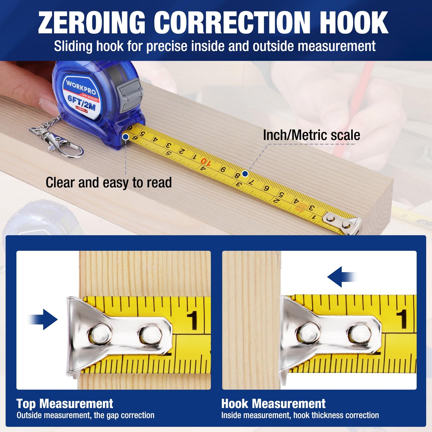 WORKPRO Mini Tape Measure, 2 Pcs 6FT Retractable Easy Reading Keychain Tape Measurement, Inch/Metric Scale Pocket Size Small Tape Measure for Engineer, Portable, ABS Protective Casing, Blue
