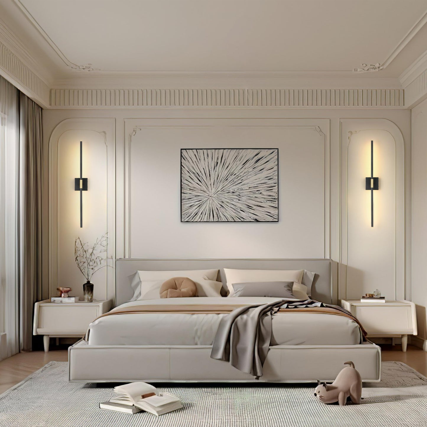 Morauroral Battery Operated Wall Sconces Set of 2, Dimmable Battery Wall Sconce with Remote Control, Black Gold LED Rechargeable Sconces, 24 Inch Modern Wireless Wall Lights for Bedroom, Living Room